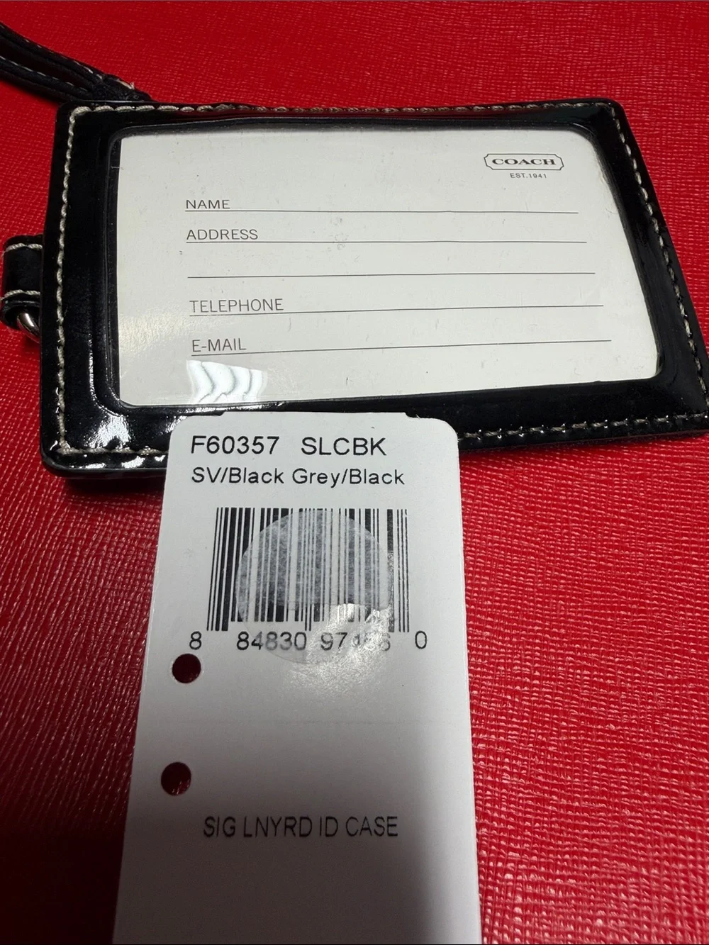 Coach Black Gray Signature Lanyard Card Case with Patent Trim